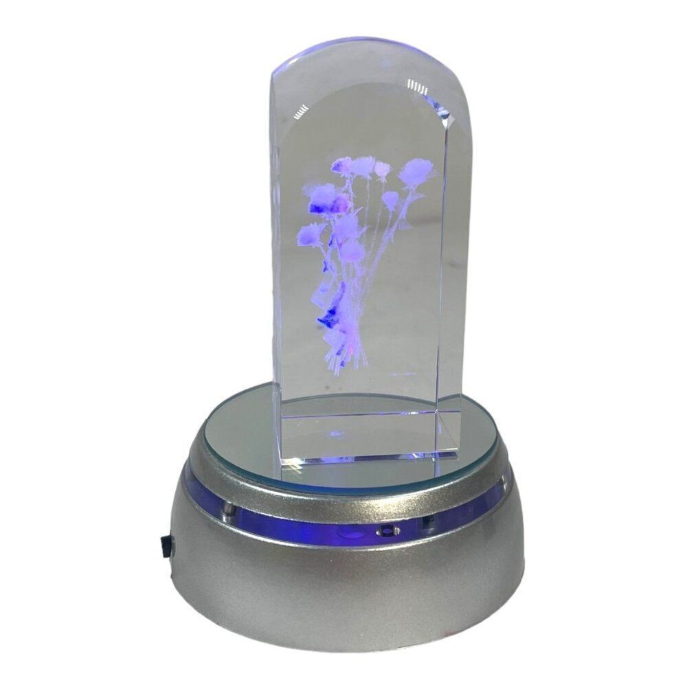 3D Laser Etched Crystal Flower Light Display Multicolor Changing Base Sculpture